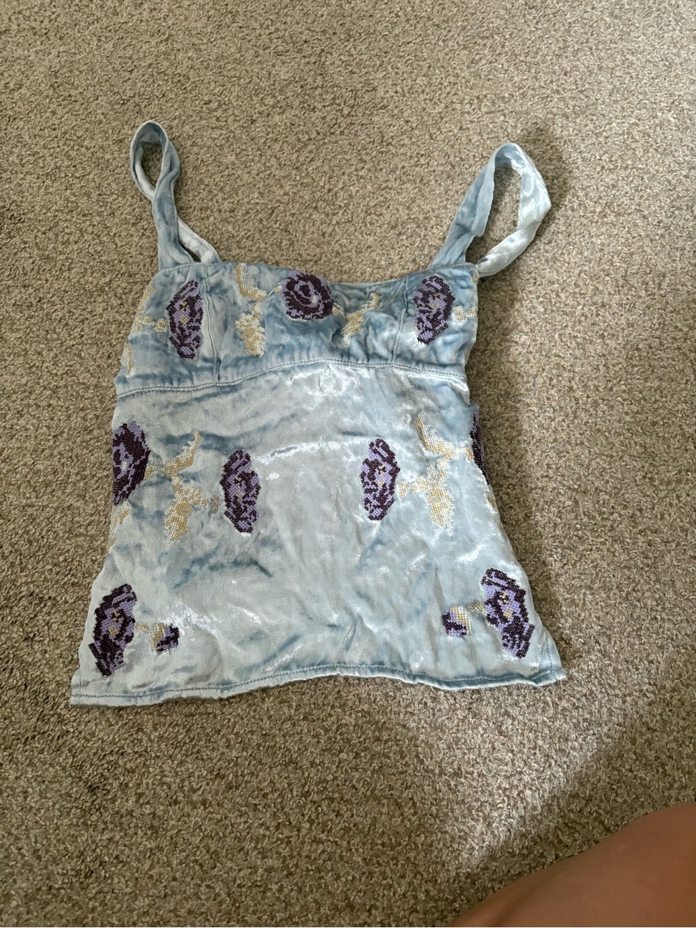 Kimchi Blue Light Blue Velvet Cami with Purple Floral Embroidery
